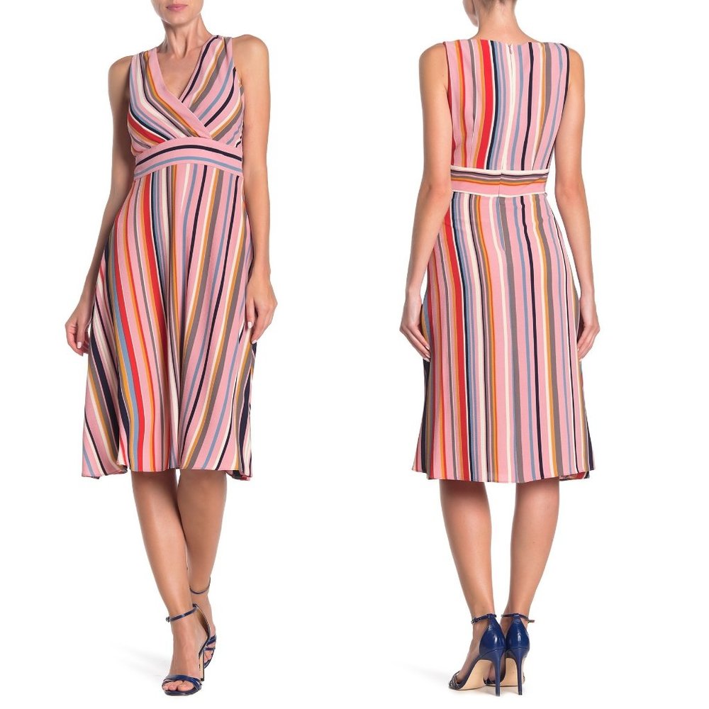 London Times Midi Dress Sleeveless Striped Pink - Picture 1 of 6